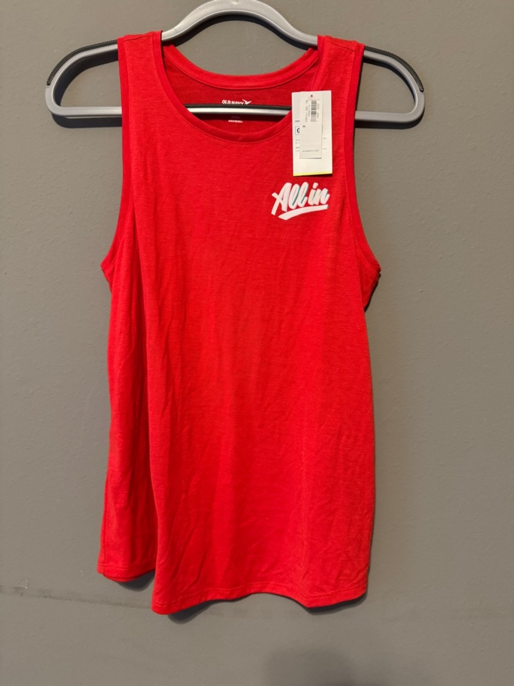 Old Navy Red Tank Top with White "All In" Script